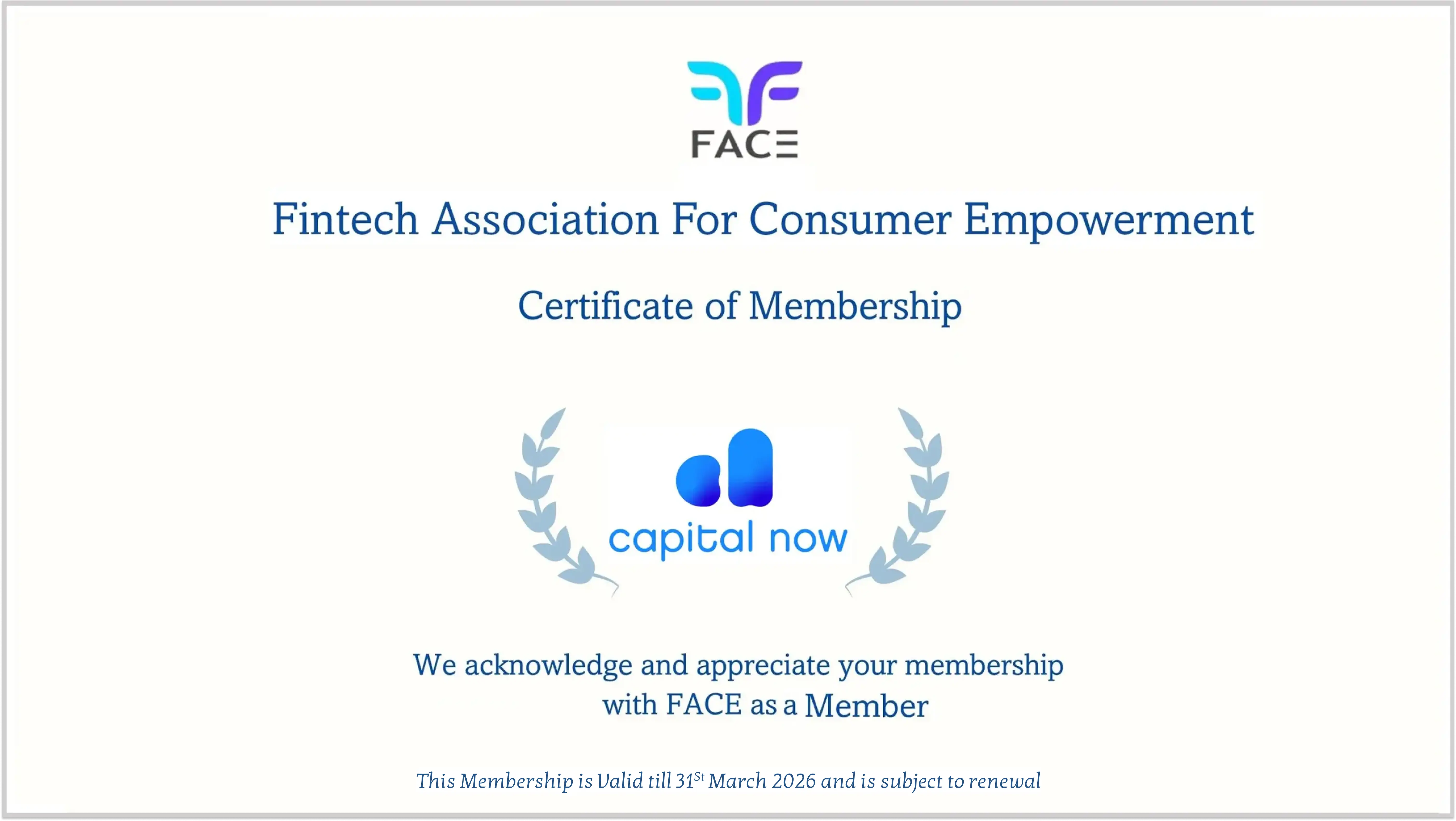 Certificate of Membership for Capital Now
